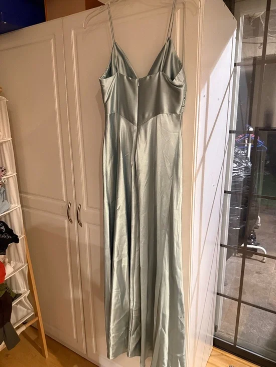 Jessica McClintock Bluish Sage Green Satin Maxi Dress with Jeweled - Picture 3 of 4